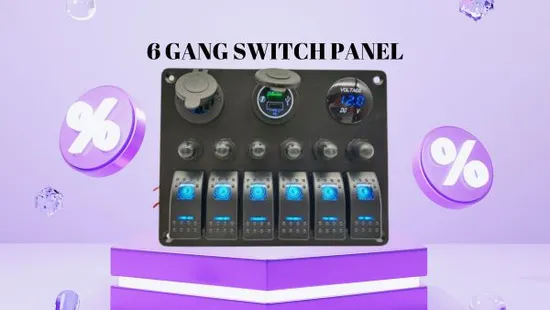 6 Gang on off Rocker Switch Panel Green Backlit 12V24V LED Digital Voltmeter Dual USB Charger Cigarette Lighter Socket Overload Protection Switch Panel for Cars 